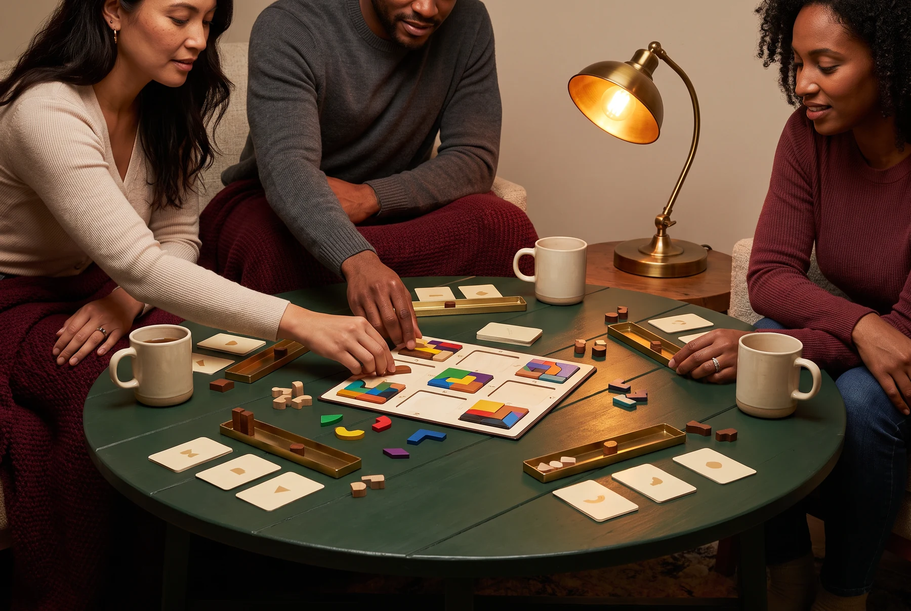 Adults playing an abstract tabletop game