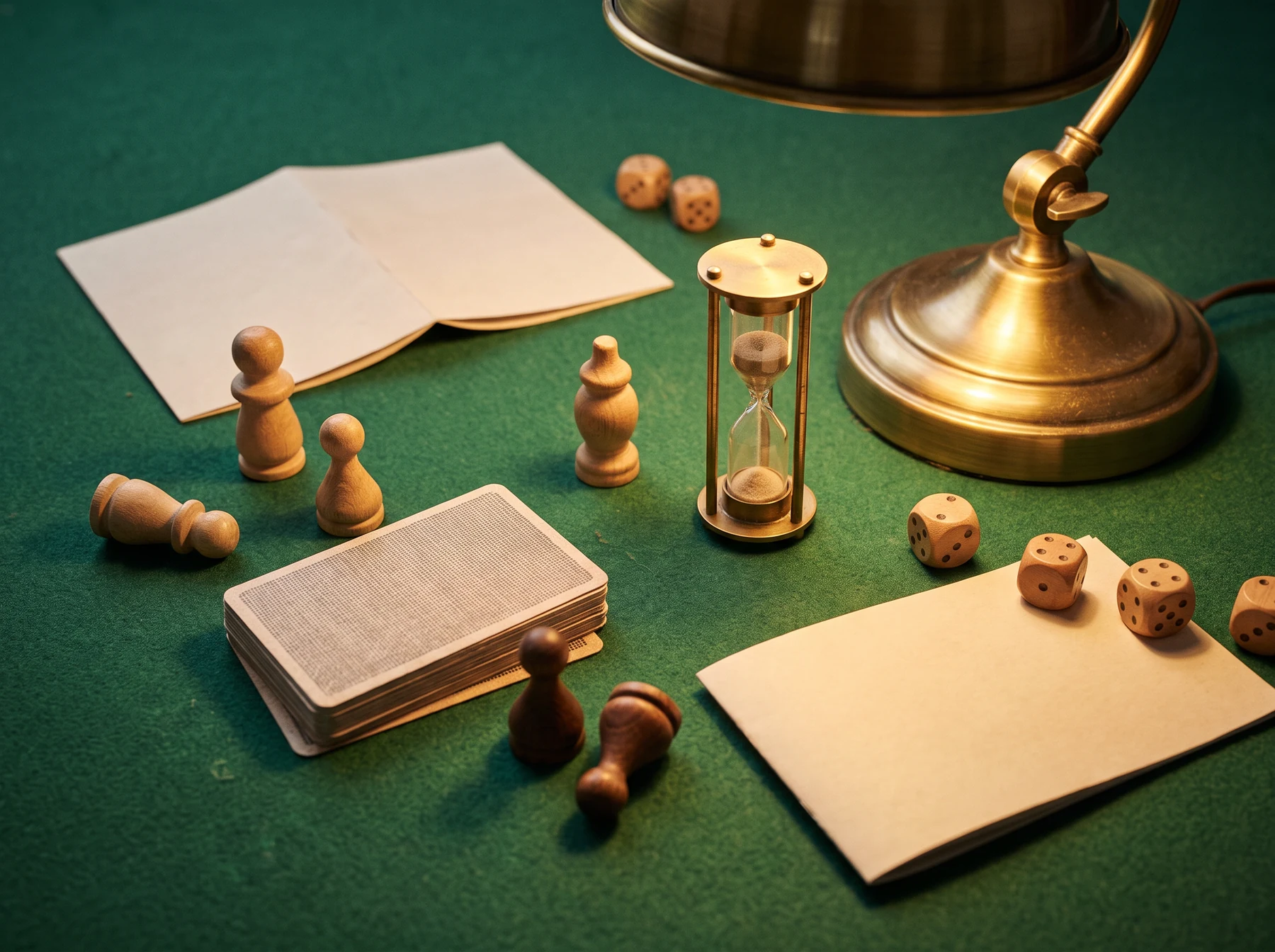 Wooden pawns and timer on game table