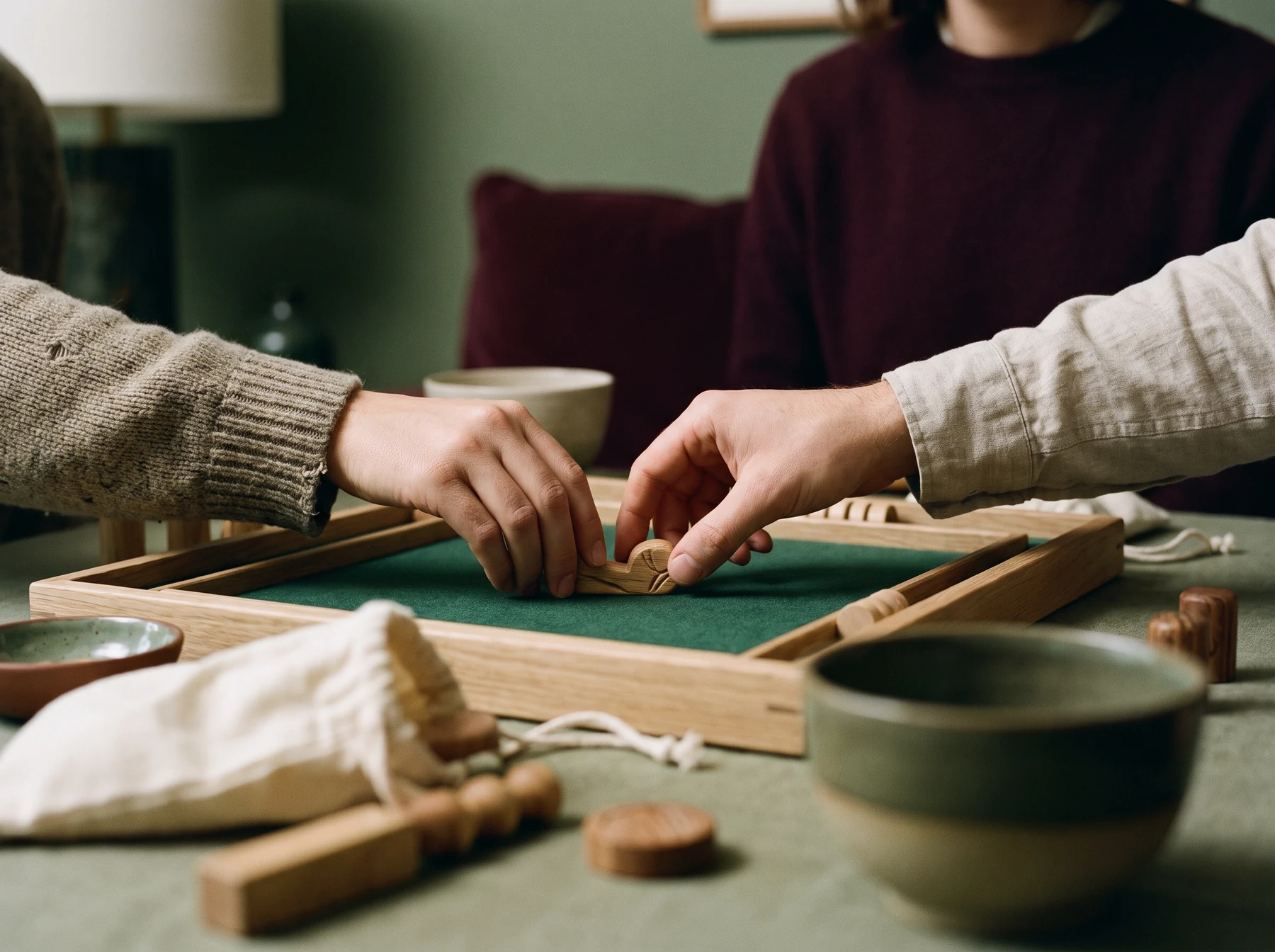 Hands passing a wooden board game piece