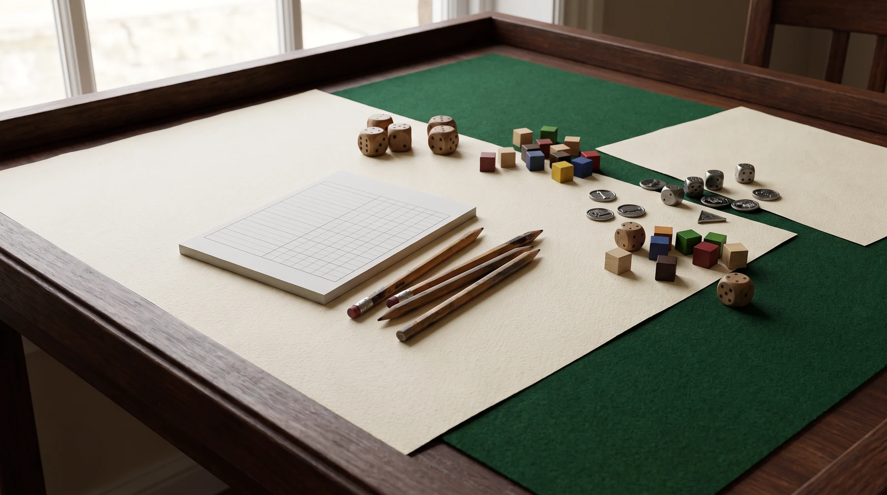 Dice pencils and game pieces